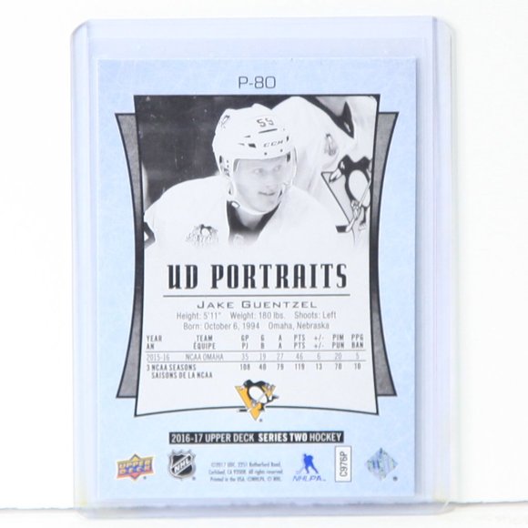 Jake Guentzel UD Portraits Rookie Hockey Card Pittsburgh Penguins 2016/17 P-80 - Picture 2 of 2